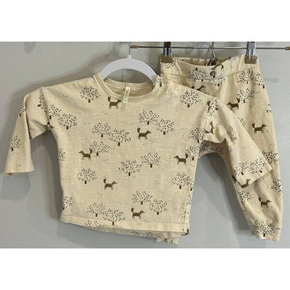 Rylee + Cru Organic Cotton Fox Tree Print 2pc Lounge Pajama Set Cream Tan 12-18